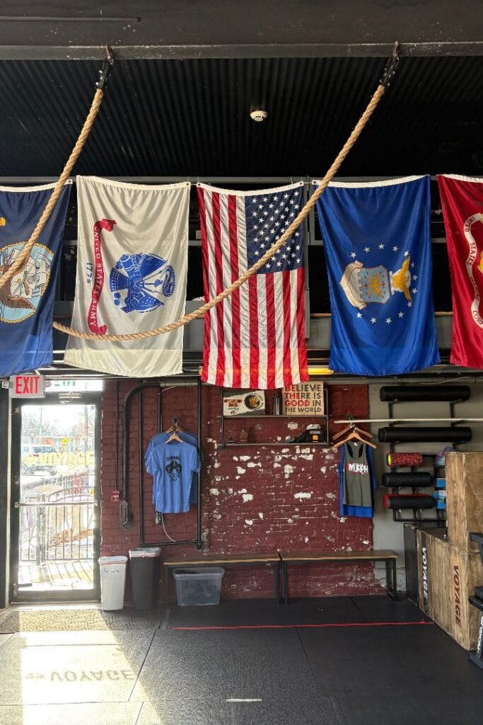 Flags on gym wall