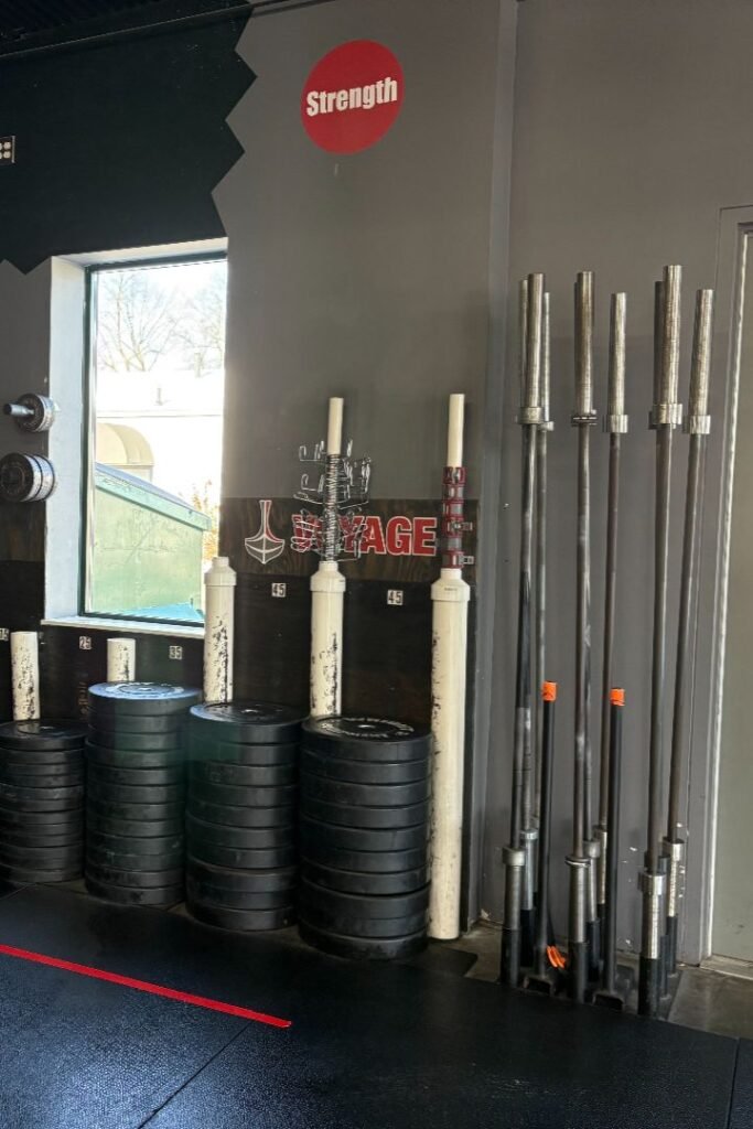 Weightlifting equipment in gym